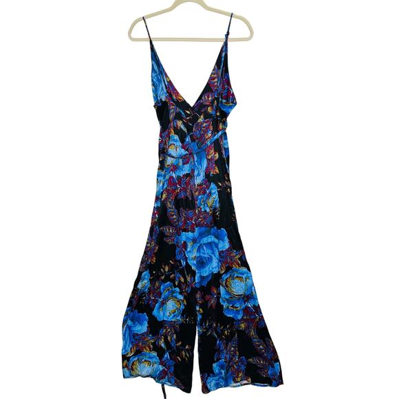 Free People Floral Wrap Jumpsuit Cabbage Rose Blue Boho Chic Size 6 - Picture 6 of 9